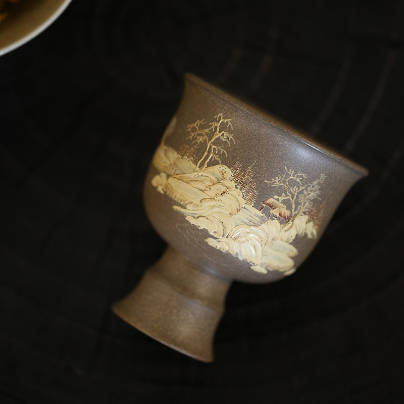 杯研所 | 高足杯 秋山晚翠 青段泥 120cc 主人杯 泥绘 全手工
