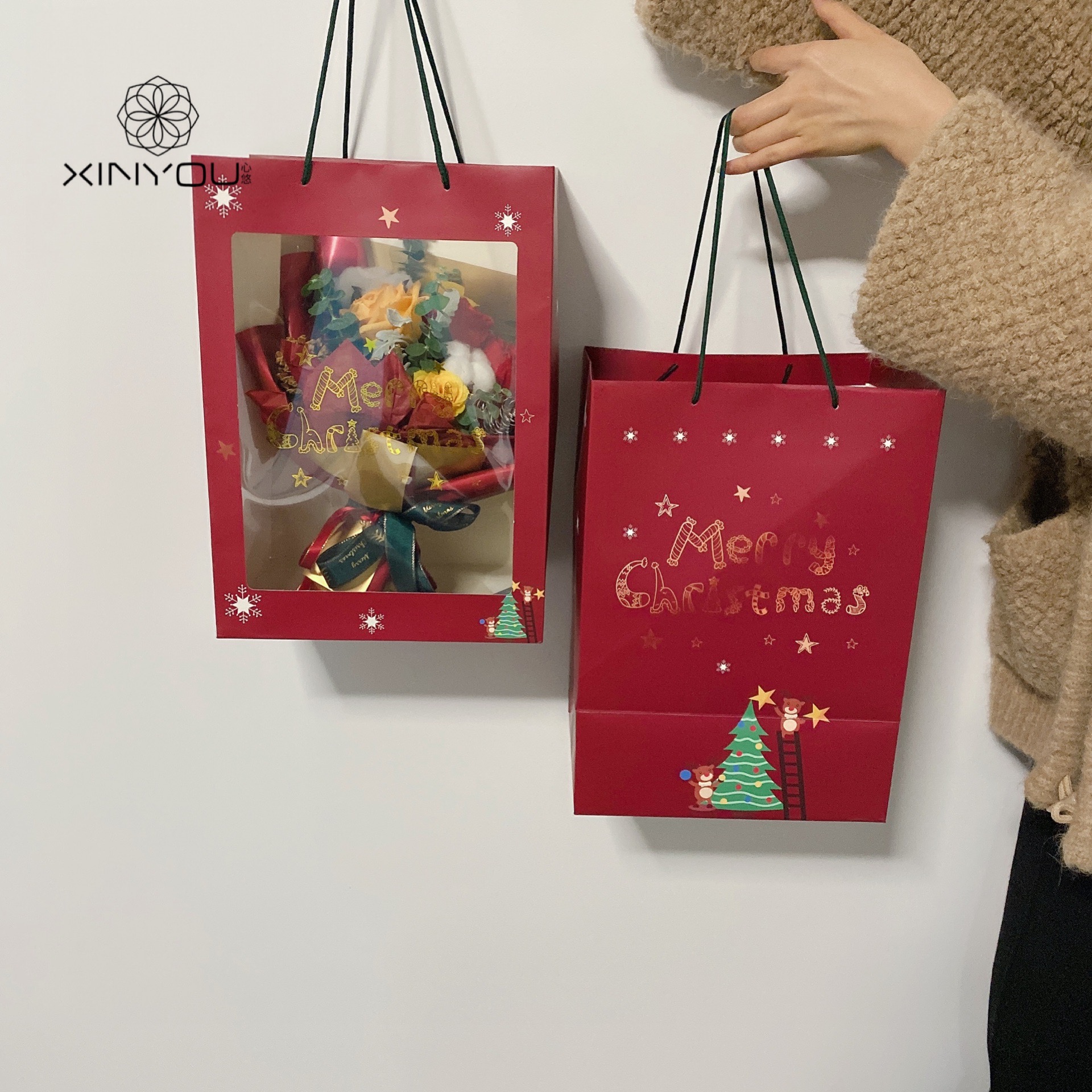 圣诞节鲜花花束礼盒手提袋透明烫金橱窗袋礼物平安夜苹果盒礼品袋