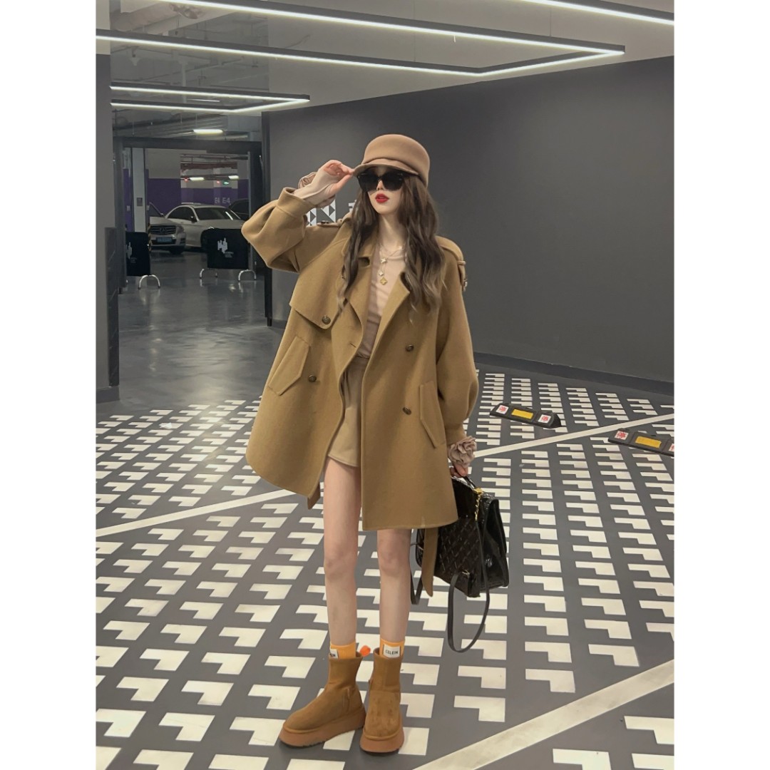 【幂幂私服】双面羊毛大衣女2023秋冬新款韩版气质显瘦系带毛呢外套