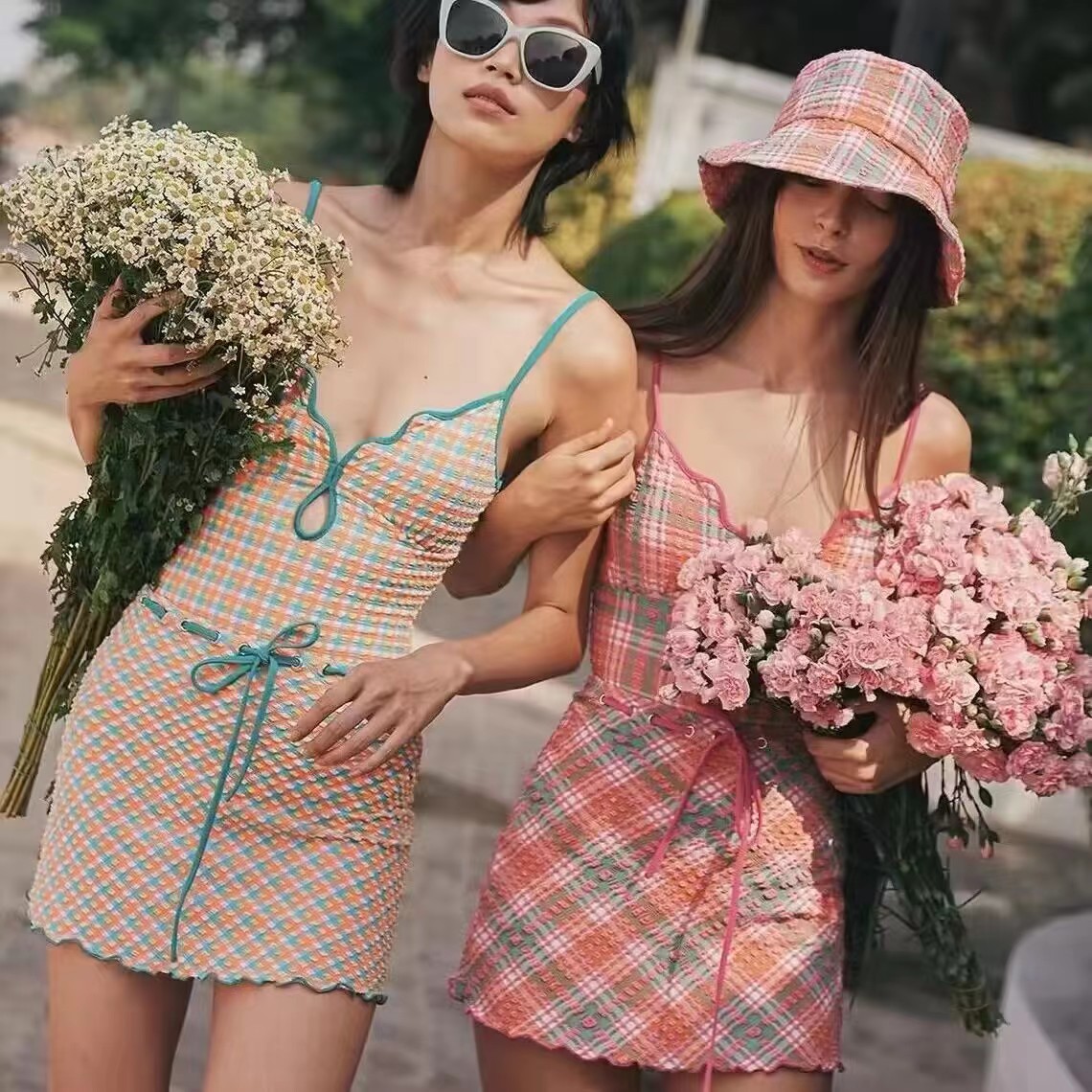 FMY/夏季复古法式收腰格子显瘦气质时尚遮肚连体泳衣纯欲修身