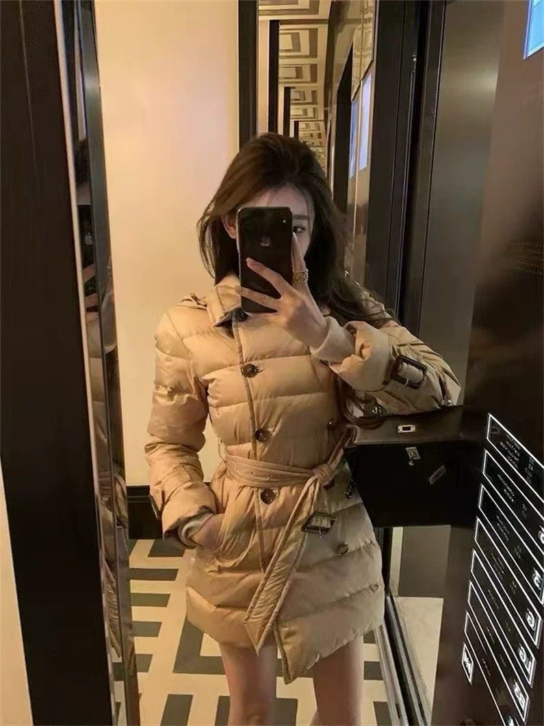 BBR新款经典卡其色长袖连帽50白鸭2025秋冬收腰显瘦中长款外套女