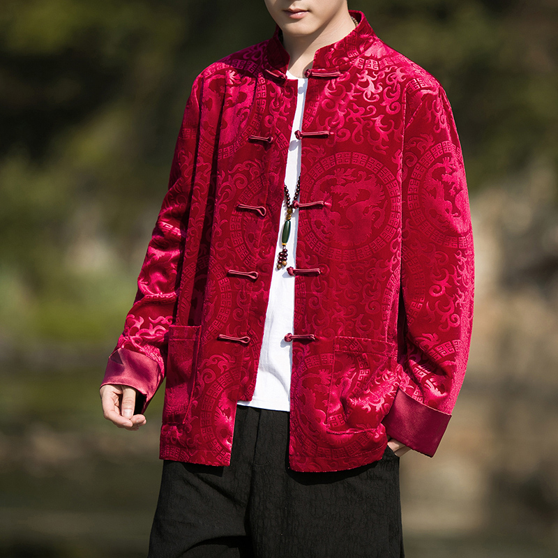本命年红色外套男高级感丝绒夹克秋季中国风男装中式盘扣唐装汉服