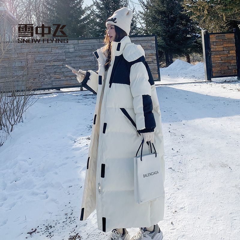 雪中飞黑白色工装羽绒服女长款过膝新款羽绒服宽松加厚羽绒服服ov