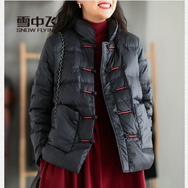 雪中飞羽绒服中国风复古盘扣轻薄款棉服女宽松大码加厚立文艺羽绒