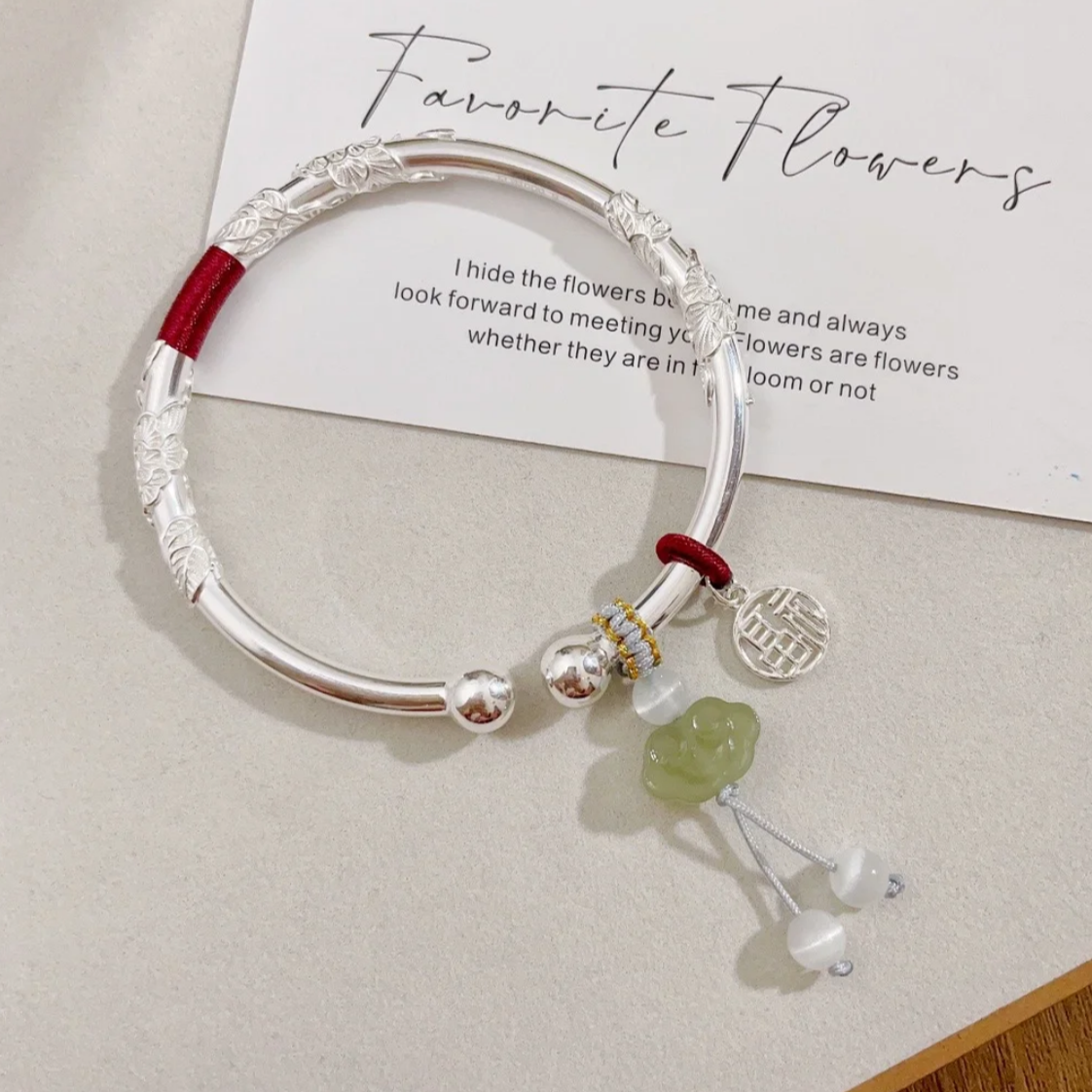 足银手镯 51号 繁花似锦手工编织吊坠实心开口手镯古风复古