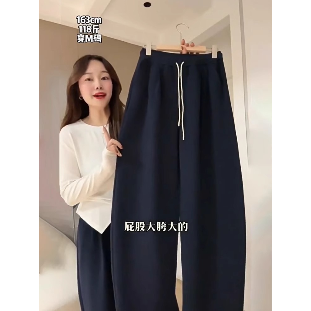 运动裤女裤2024秋冬新款高腰香蕉阔腿裤直筒加绒休闲卫裤显瘦时尚