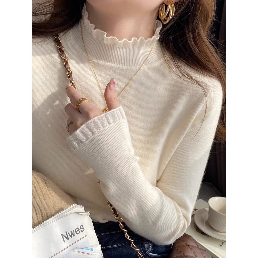 半高领毛衣打底衫女2024秋冬新款修身显瘦内搭上衣蕾丝拼接针织衫