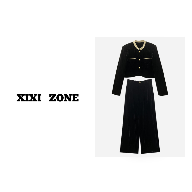 CiCi Studio 进口丝绒 小香风气质丝绒长袖套装直筒裤DYQQ-18233