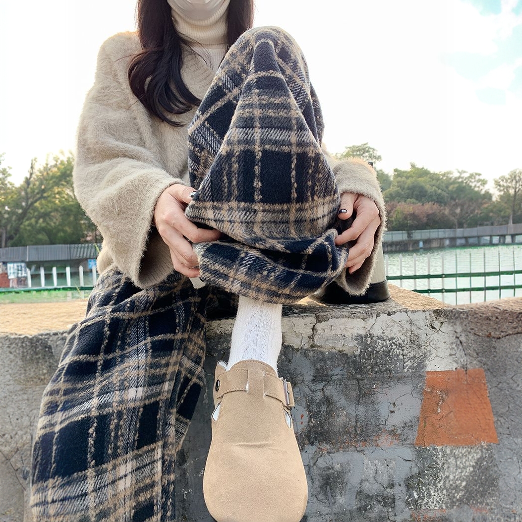 毛呢格子裤女秋冬加绒复古高腰垂感直筒窄版显瘦百搭休闲裤