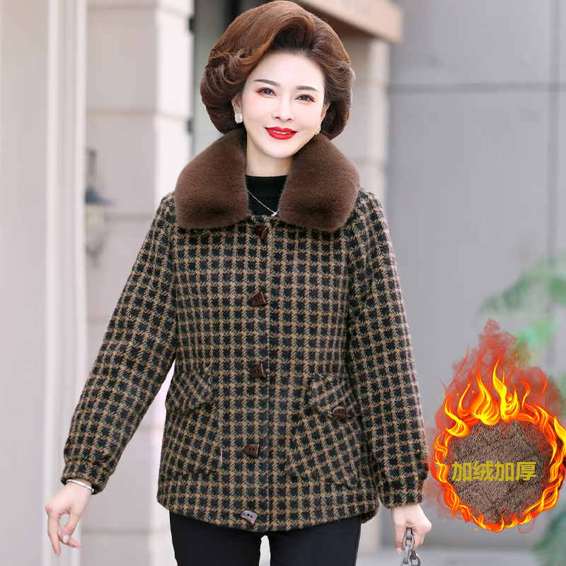 230款妈妈秋冬格子外套中年女士加绒洋气上衣2024新款时尚大衣