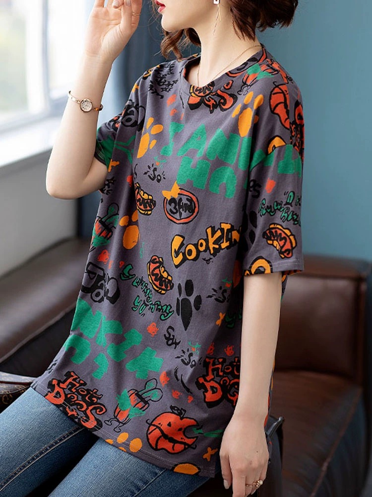 大码显瘦夏季洋气半袖上衣宽松设计感百搭韩版圆领中长款时尚休闲