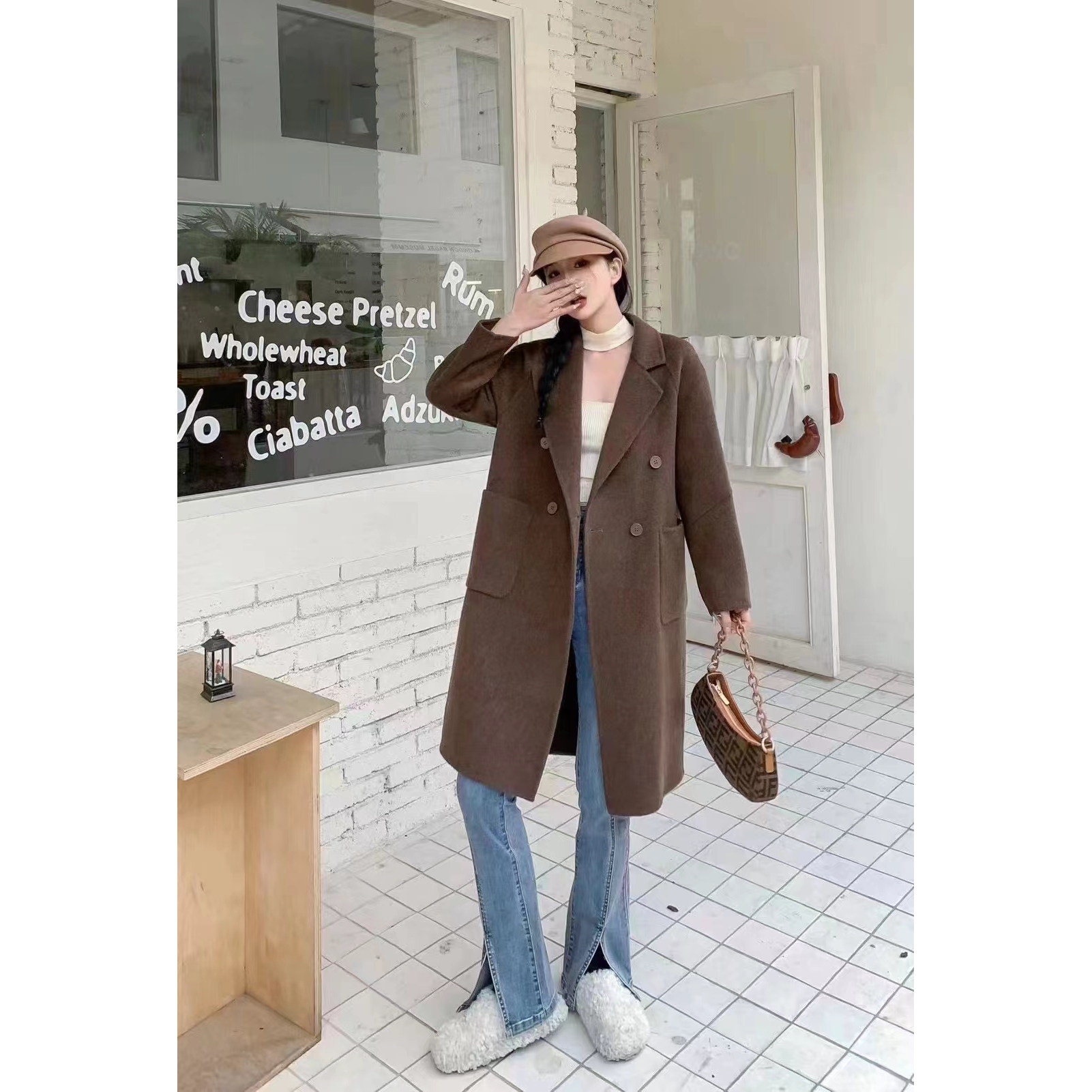 2024秋冬时尚西装领扣双面羊毛纯手工大衣宽松韩版显瘦双面呢毛呢