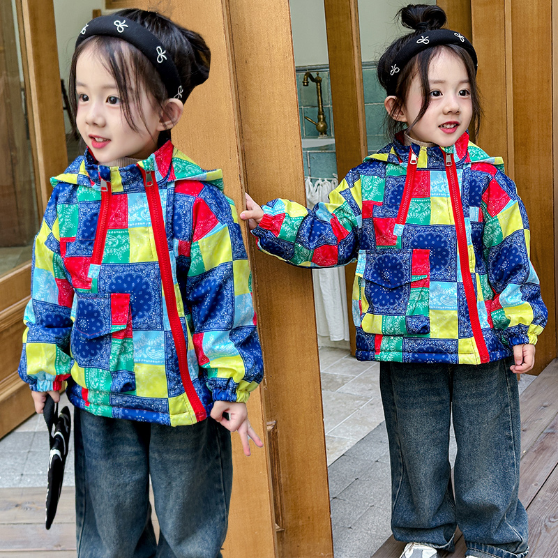 【现货】新款女宝宝秋冬款棉服女童洋气上衣拼接加绒加厚棉服潮