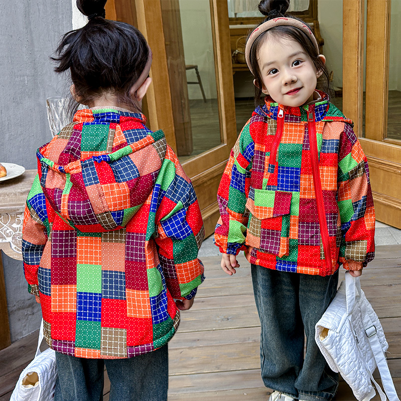 【现货】新款女宝宝格子拼接外套秋冬加绒加厚棉衣女童韩版外套