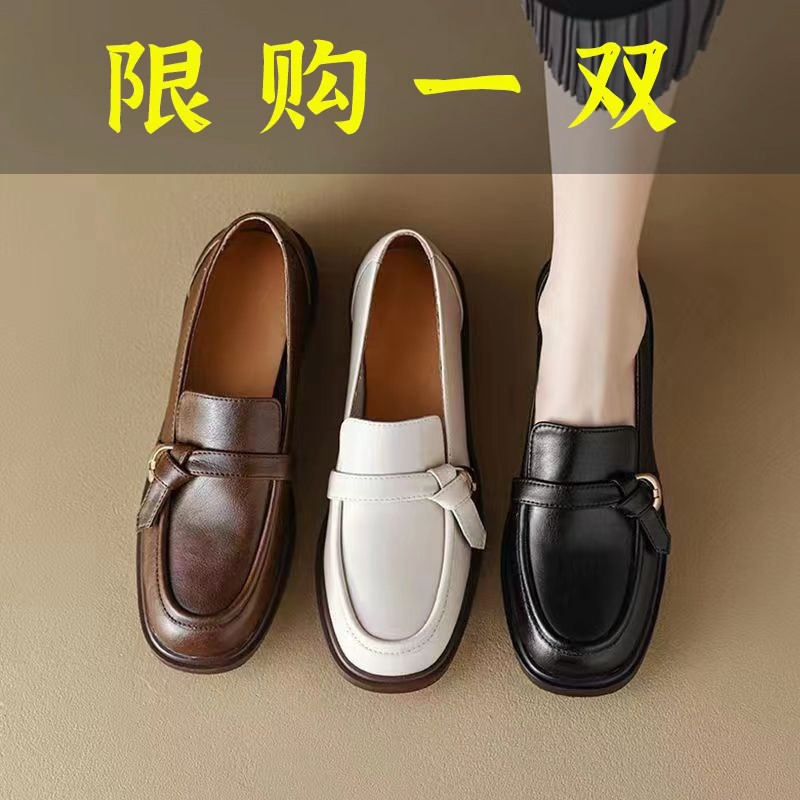百丽纯爱真软皮软底复古英伦学院风圆头粗跟工作制服乐福鞋女小