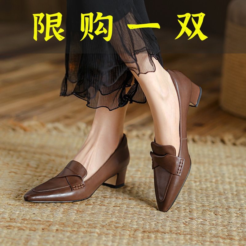 百丽纯爱红手工女鞋2023春秋新款尖头粗跟法式复古单鞋女真软皮