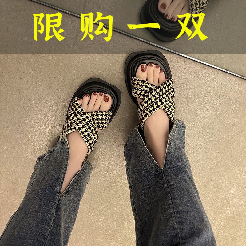 百丽纯爱软底松糕厚底高跟拖鞋女夏外穿2023新款网红法式小众高