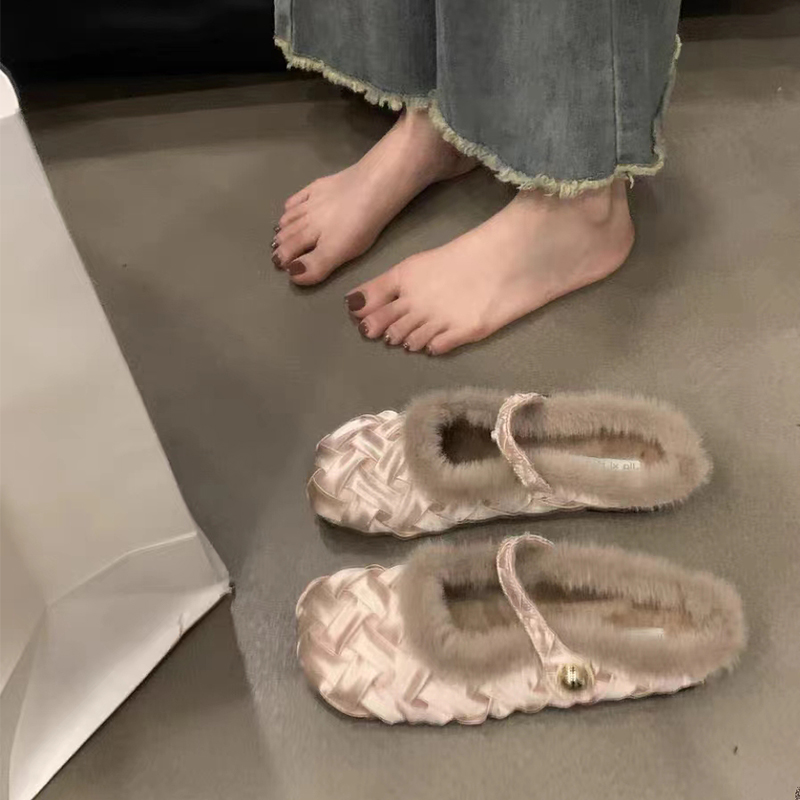 百丽纯爱平底小香风加绒毛毛棉拖鞋女鞋子外穿秋冬季玛丽珍设计感