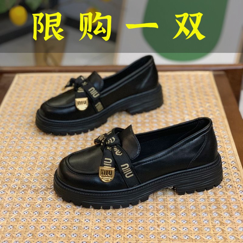 百丽纯爱英伦风乐福鞋女2023年春秋季新款厚底一脚蹬黑色单鞋蝴