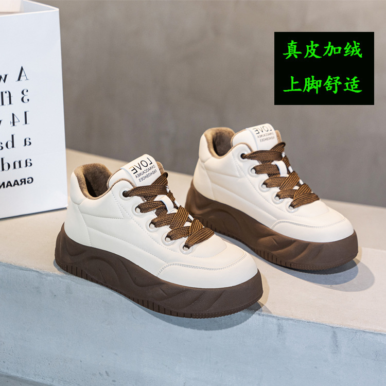 百丽纯爱明星同款厚底面包鞋加绒加厚2023秋冬休闲棉鞋高帮板鞋百