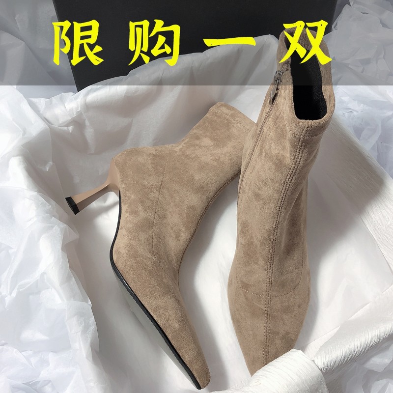 百丽纯爱气质法式 2023新款高跟尖头瘦瘦韩版细跟简约通勤短靴