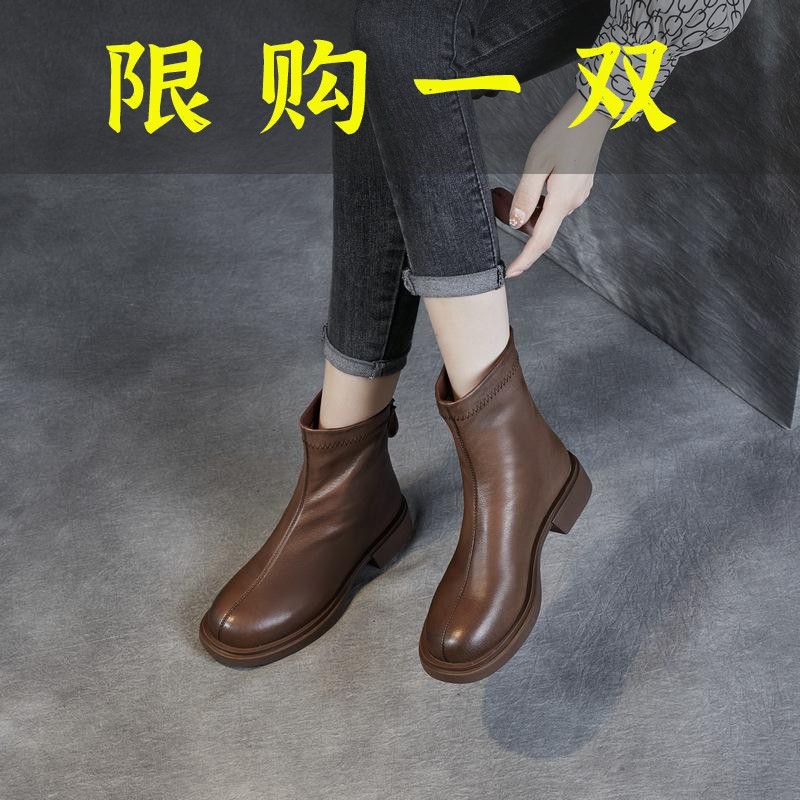 百丽纯爱真皮厚底粗跟马丁靴女冬新款切尔西短靴英伦加绒瘦瘦靴