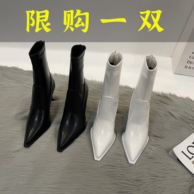 百丽纯爱小个子靴子女显高细跟秋季高跟鞋小众设计感高级感尖头