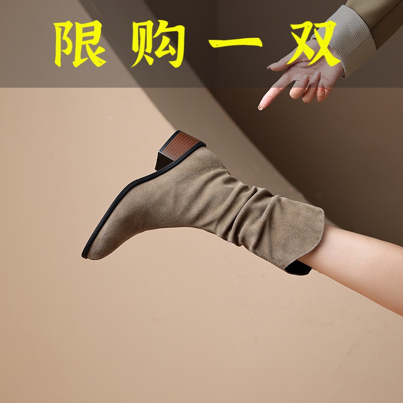红蜻蜓牌百搭真皮圆头西部牛仔靴女2023秋冬新款复古磨砂粗跟中