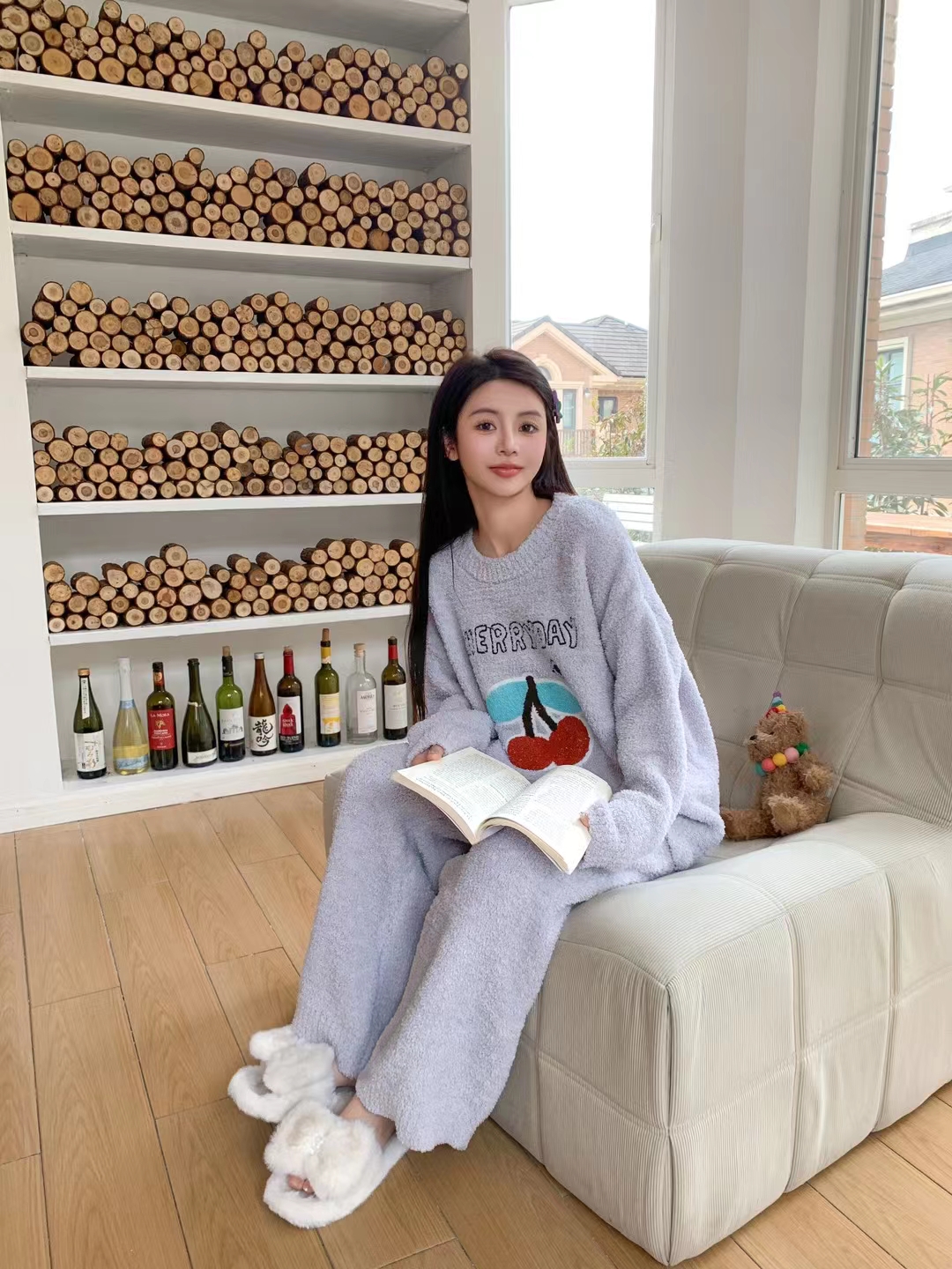 甜美樱桃针织半边绒睡衣女秋冬加厚保暖家居服套装