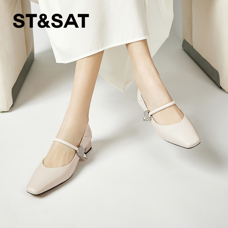 星期六女式时尚百搭方头低跟浅口春夏季气质洋气纯色简约小众单鞋
