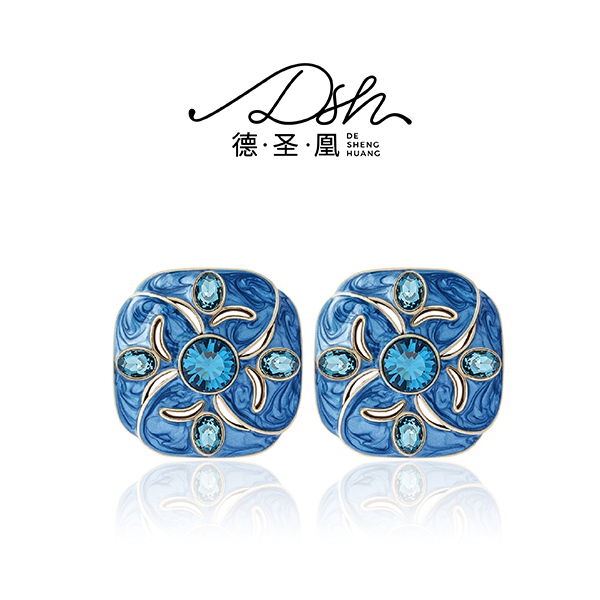 德圣凰 铜合金珐琅耳饰 手工蓝色镶嵌耳钉青云出釉复古彩色ES0098