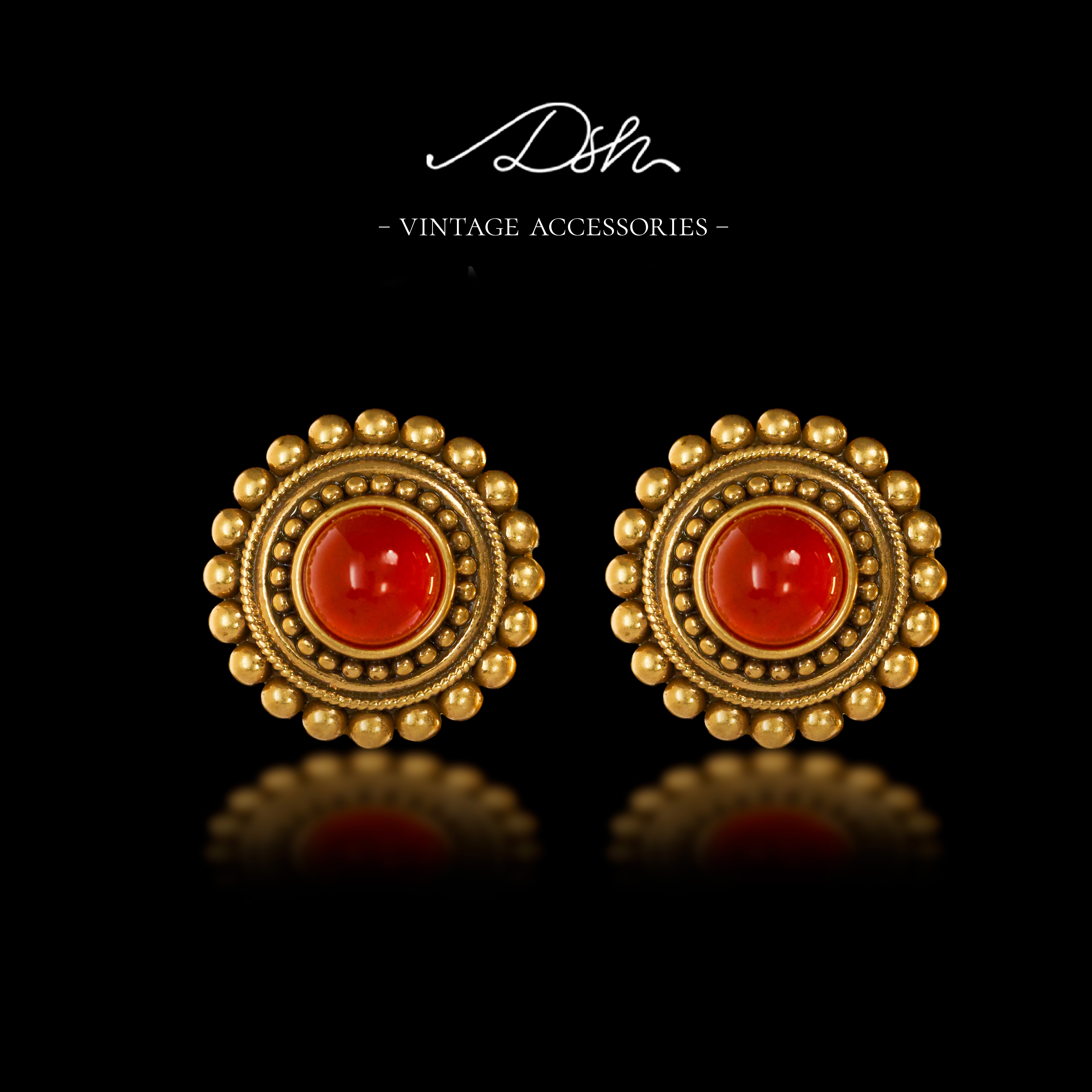 铜合金莫桑石耳饰 中古vintage红色圆形耳饰法式复古镶嵌ES0020