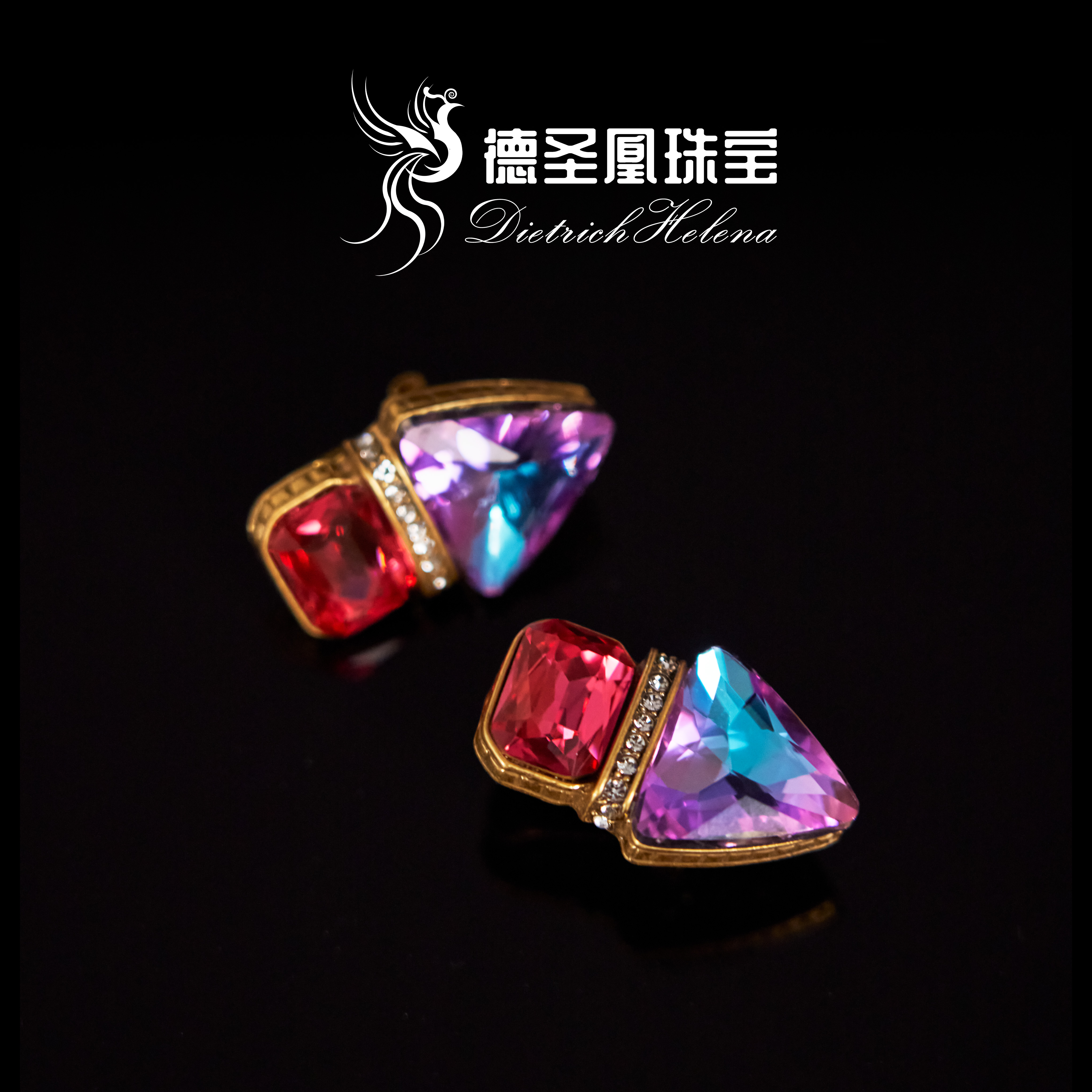 德圣凰 铜合金耳饰 向风慕义  法式几何渐变水晶镶钻金扁豆豆耳饰