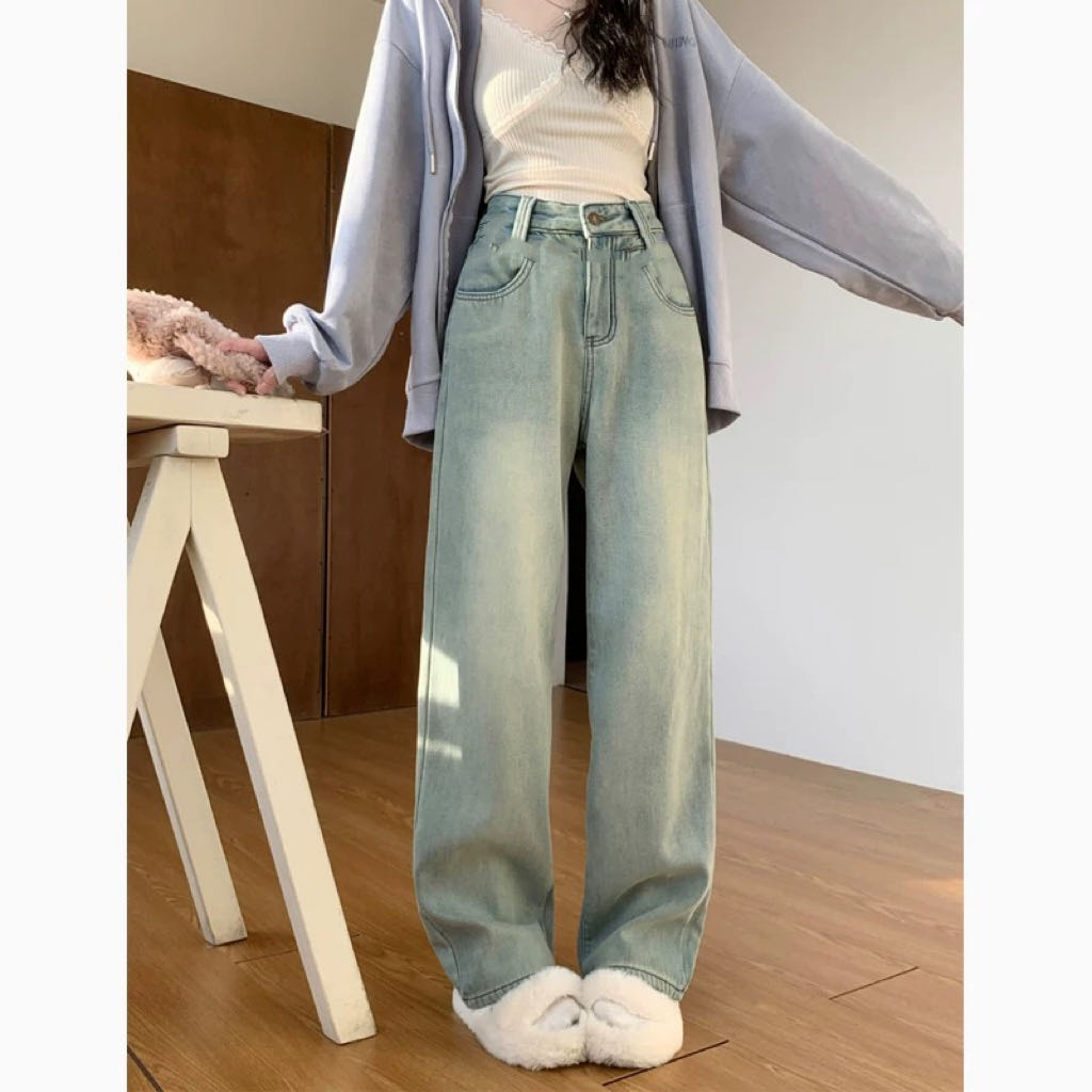 98（加绒加厚）复古水泥黄宽松牛仔裤直筒裤阔腿裤拖地长裤