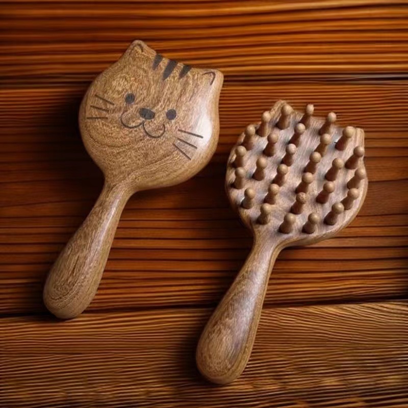 檀木梳卡通猫脸梳子钉钉梳便携手持式学生超萌网红同款