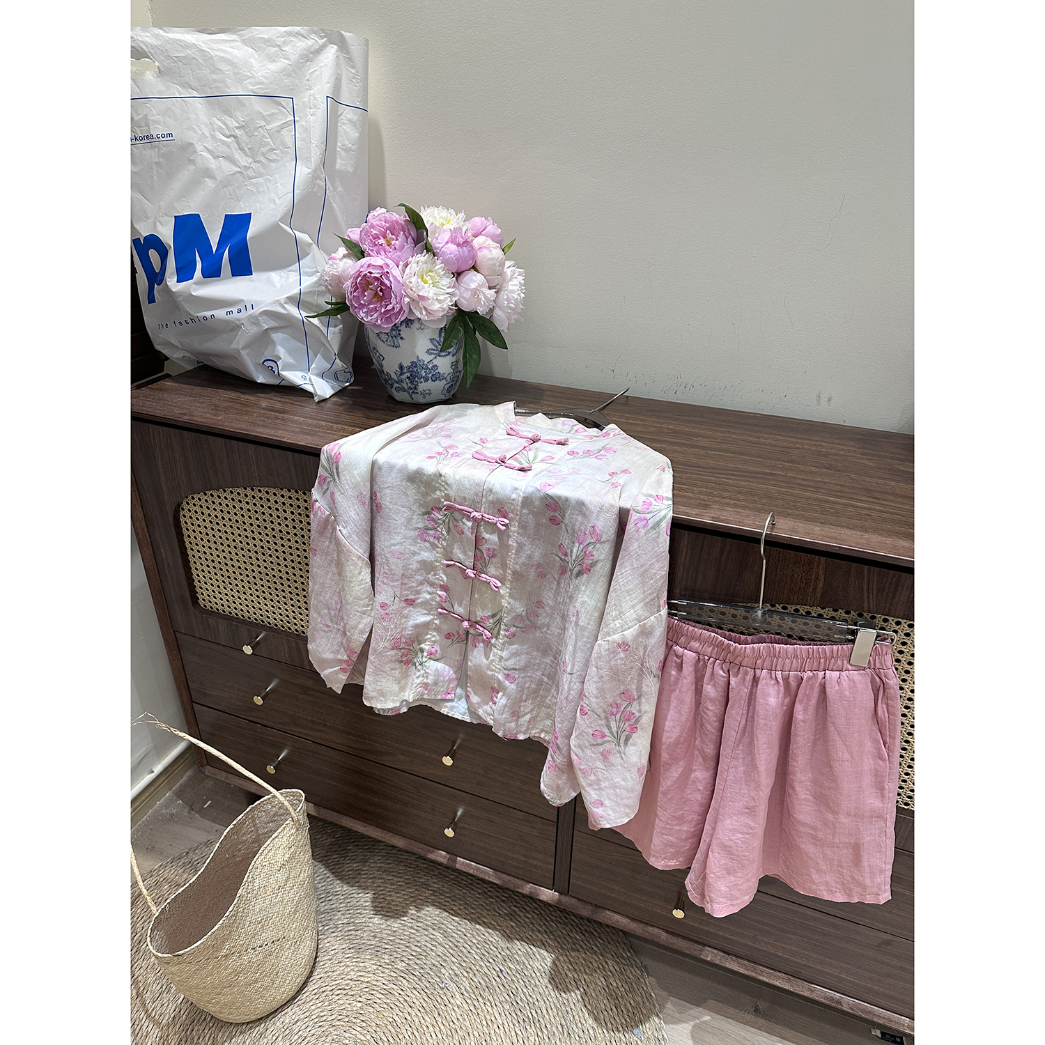 “郁金香”新中式国风美学郁金香印花盘扣衬衫➕棉麻短裤套装两件套