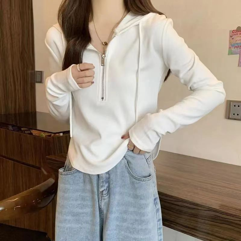 连帽卫衣女春秋时尚修身显瘦薄款百搭纯色长袖带帽卫衣0425