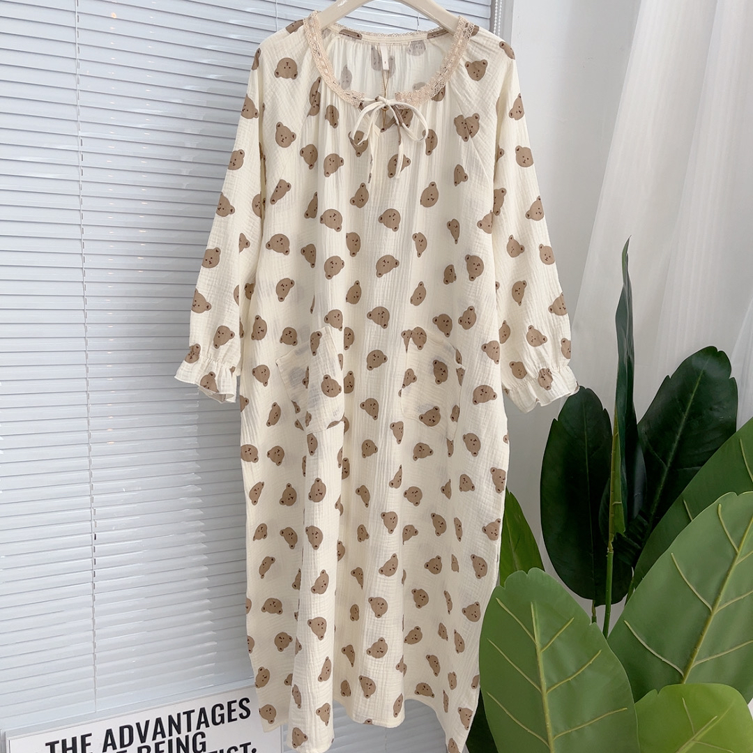 大码睡裙女双层纱长袖中长款慵懒风宽松胖mm家居服春秋季