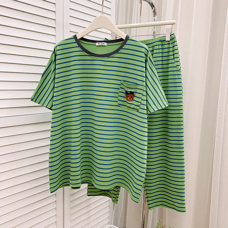 套头女睡衣短袖八分裤薄棉夏季宽松女士条纹家居服套装韩版圆领新