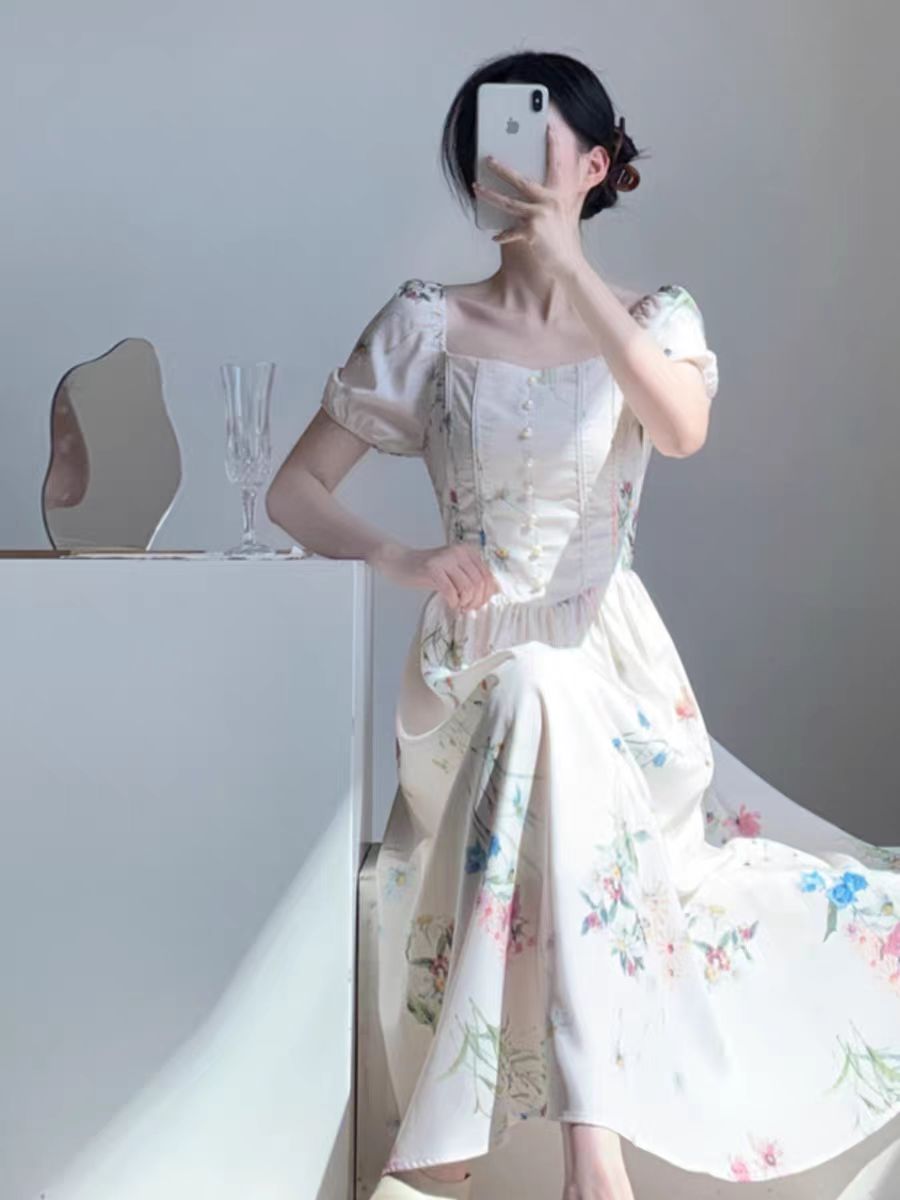 千语栀【廊前花开】花开满园清香  碎花气质显瘦夏季方领长款连衣裙