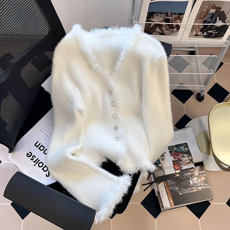 千语栀【皓月银铃】 小香风软糯水貂绒V领长袖纯欲韩版上衣打底外穿