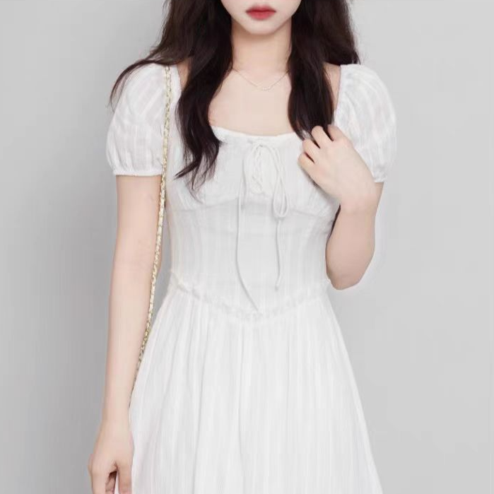 千语栀【月光手书】初恋感短袖小白裙夏季方领收提花气质白色连衣裙