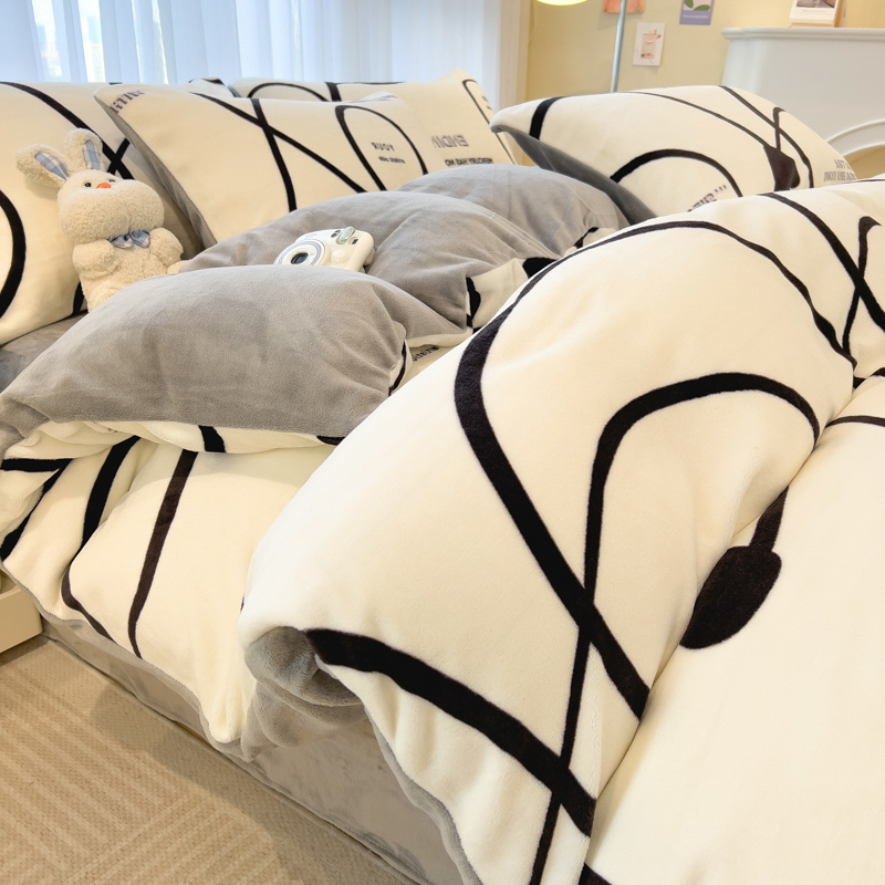 小清新牛奶绒床笠款四件套冬季2023新款床上珊瑚绒床单被套三件套