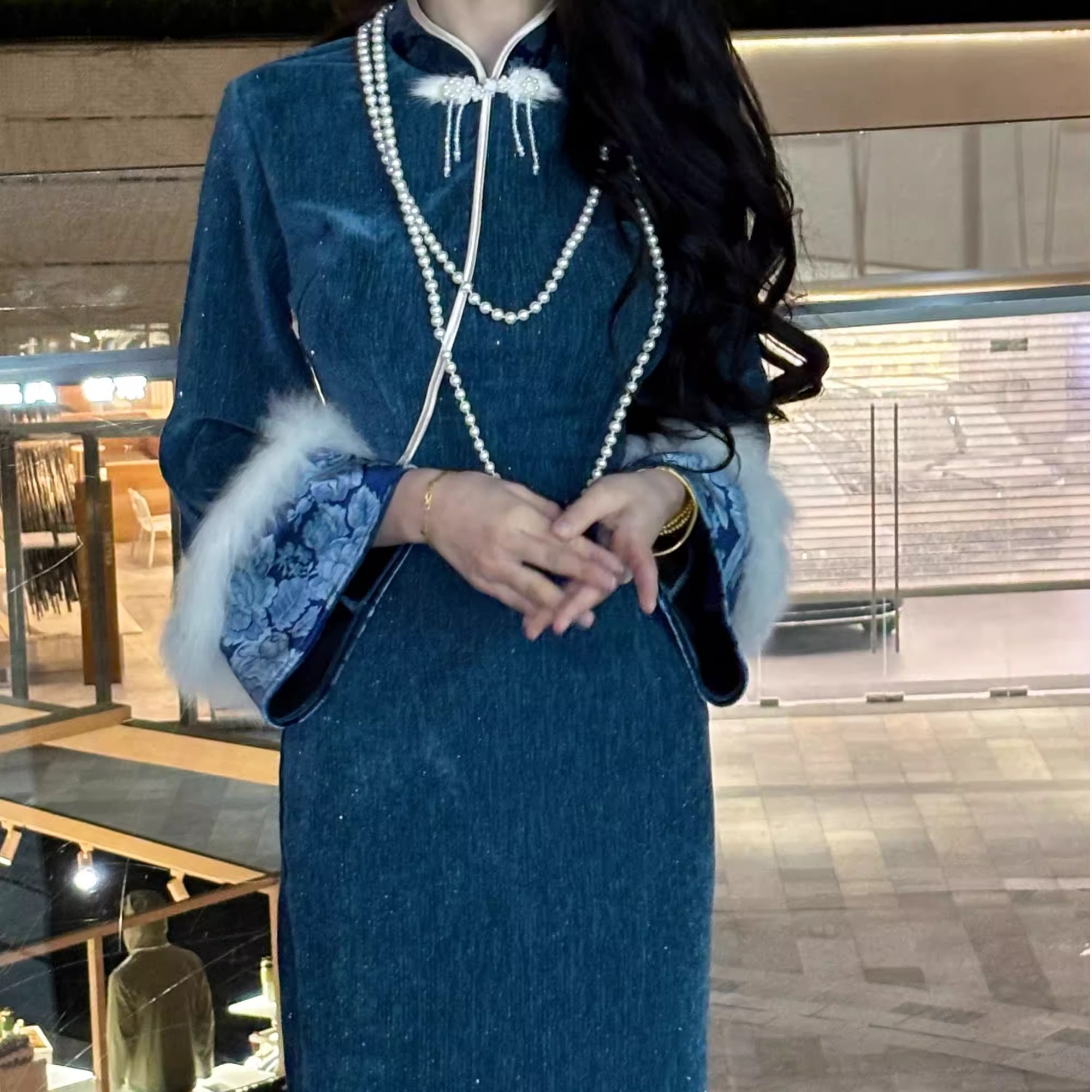 原创自制雪尼尔珠光无袖拼接中式旗袍连衣裙 苍穹