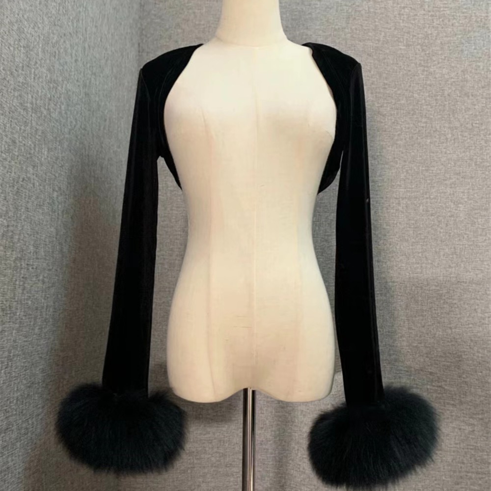 秋冬新款长袖丝绒坎肩旗袍外搭黑色毛毛披肩百搭开衫气质短款外披