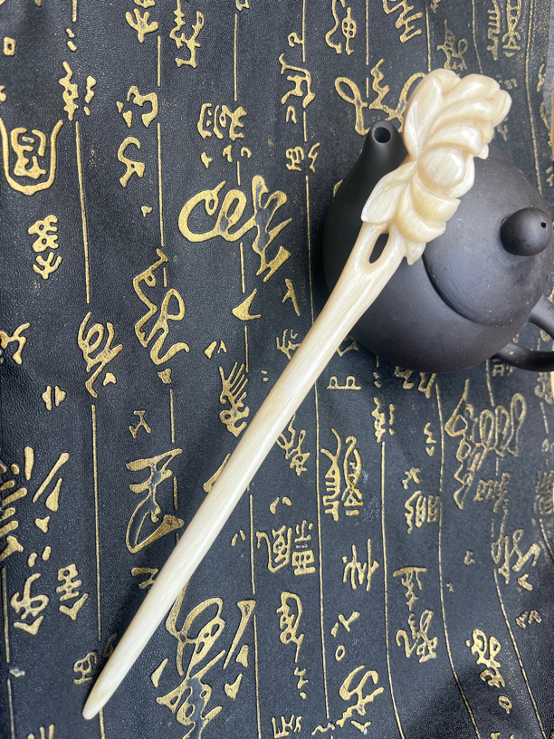 湘梳阁天然真斗羊发簪精雕古风韧性好不易折断日常盘发简约簪子