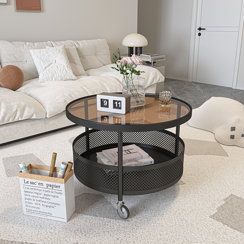 奶油风小户型茶几客厅家用现代简约圆形玻璃可移动迷你边几桌推车