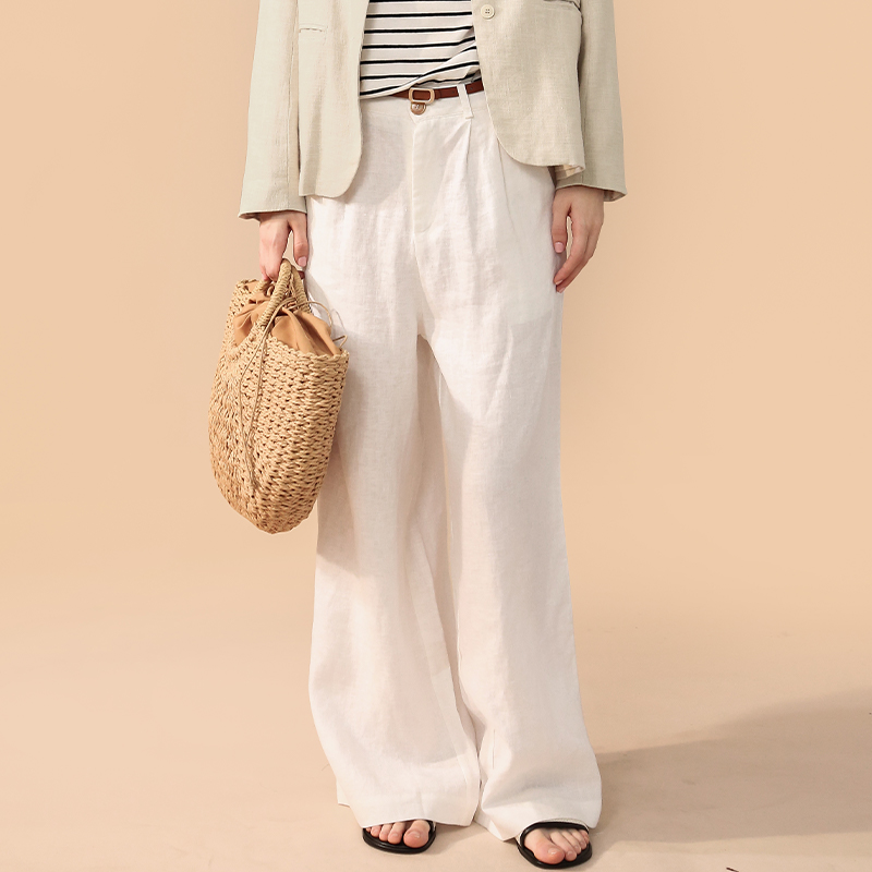 100%纯雨露亚麻高腰阔腿裤垂感休闲裤拖地长裤白色夏季禅意直筒裤