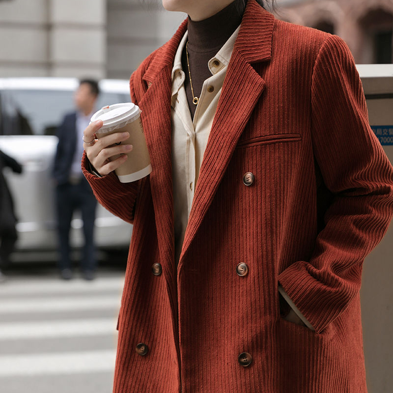 灯芯绒西装宽松慵懒风外套女春秋设计感复古加厚夹棉条绒小西服冬