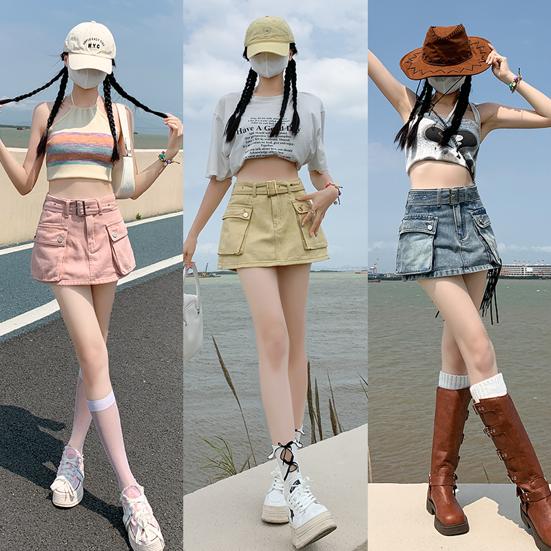 高腰工装牛仔短裙女夏季新款显高显瘦设计感A字防走光裙裤半身裙
